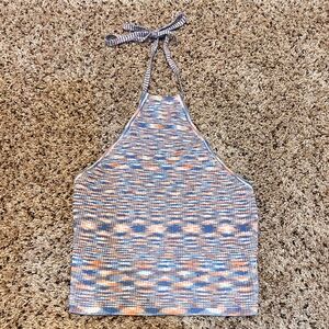 Blue Iris Space Dye Knit Halter Top Tie Back Top Size S Stretch Boho Festival